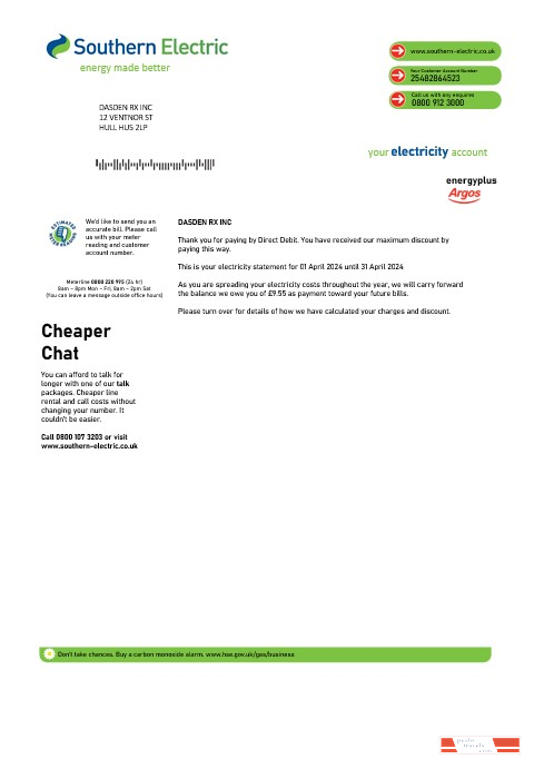 United Kingdom Southern Electric proof of address business utility bill template in Word and PDF formats